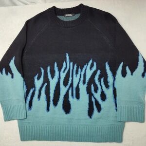 Tide Card Log Sweater Mens Large Black Teal Blue Flame Knit Pullover Crewneck